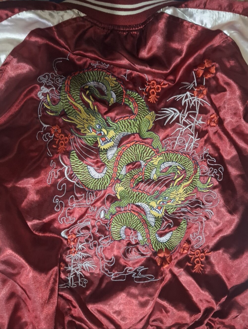 Embroidered SAKUJAN Bomber Dragon Satin Bomber Jacket - Burgundy & Cream SMALL - Picture 2 of 7